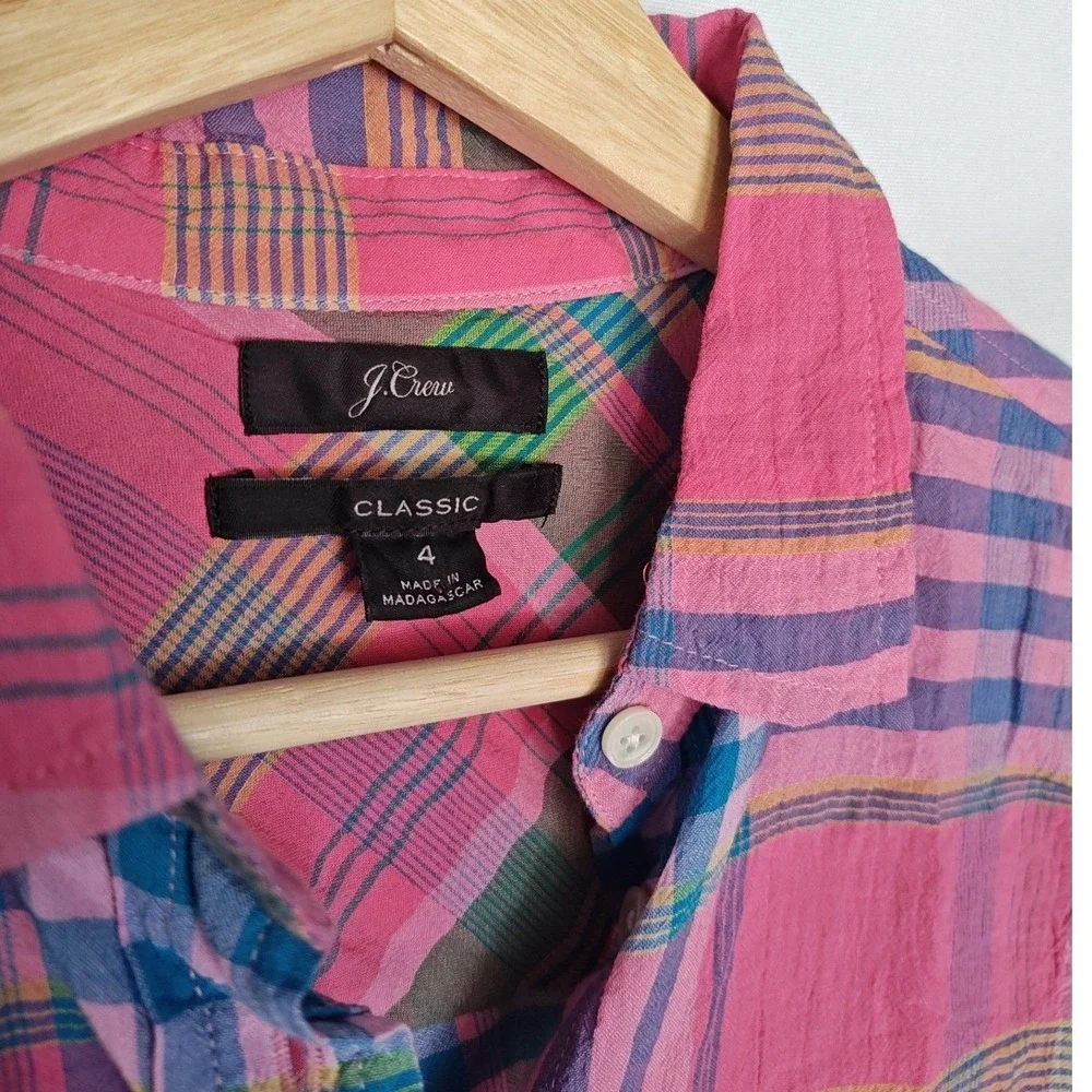 J Crew Classic Fit Boy Shirt Crinkle Pink Blue‎ Plaid Button Front L3218 4 - Picture 5 of 7
